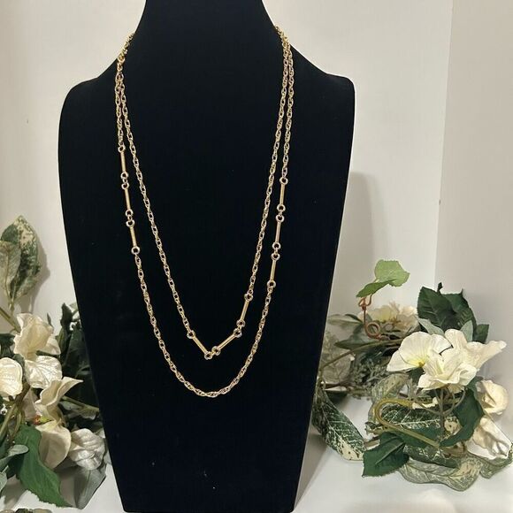 Monet Long Necklace 55" Gold-tone Rope Chain With Bone Link Chain Accent Signed - Picture 1 of 9